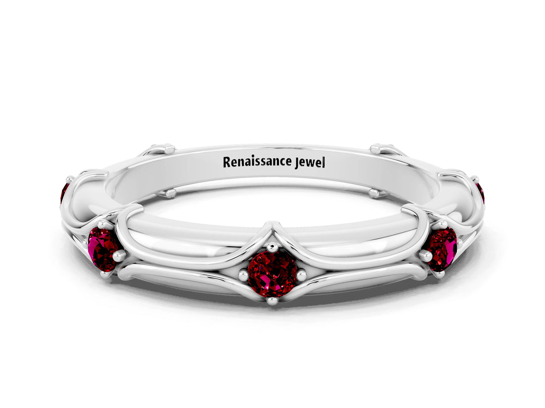 White gold Round Garnet Prong Set Milgrain Eternity Band_6