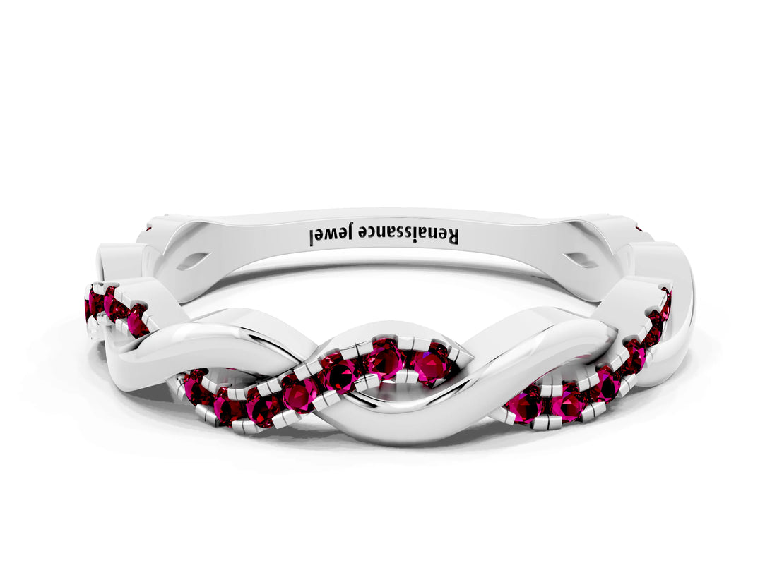 White gold Round Garnet Twist Eternity Band with Pavé Setting_18