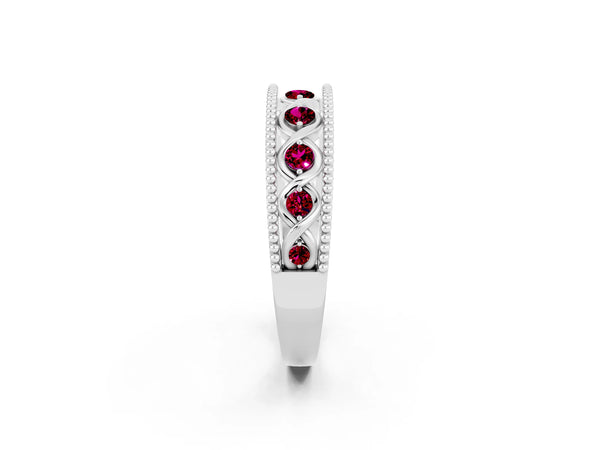 Sterling Silver Round Garnet Vintage Twist Wedding Band with Milgrain Rails