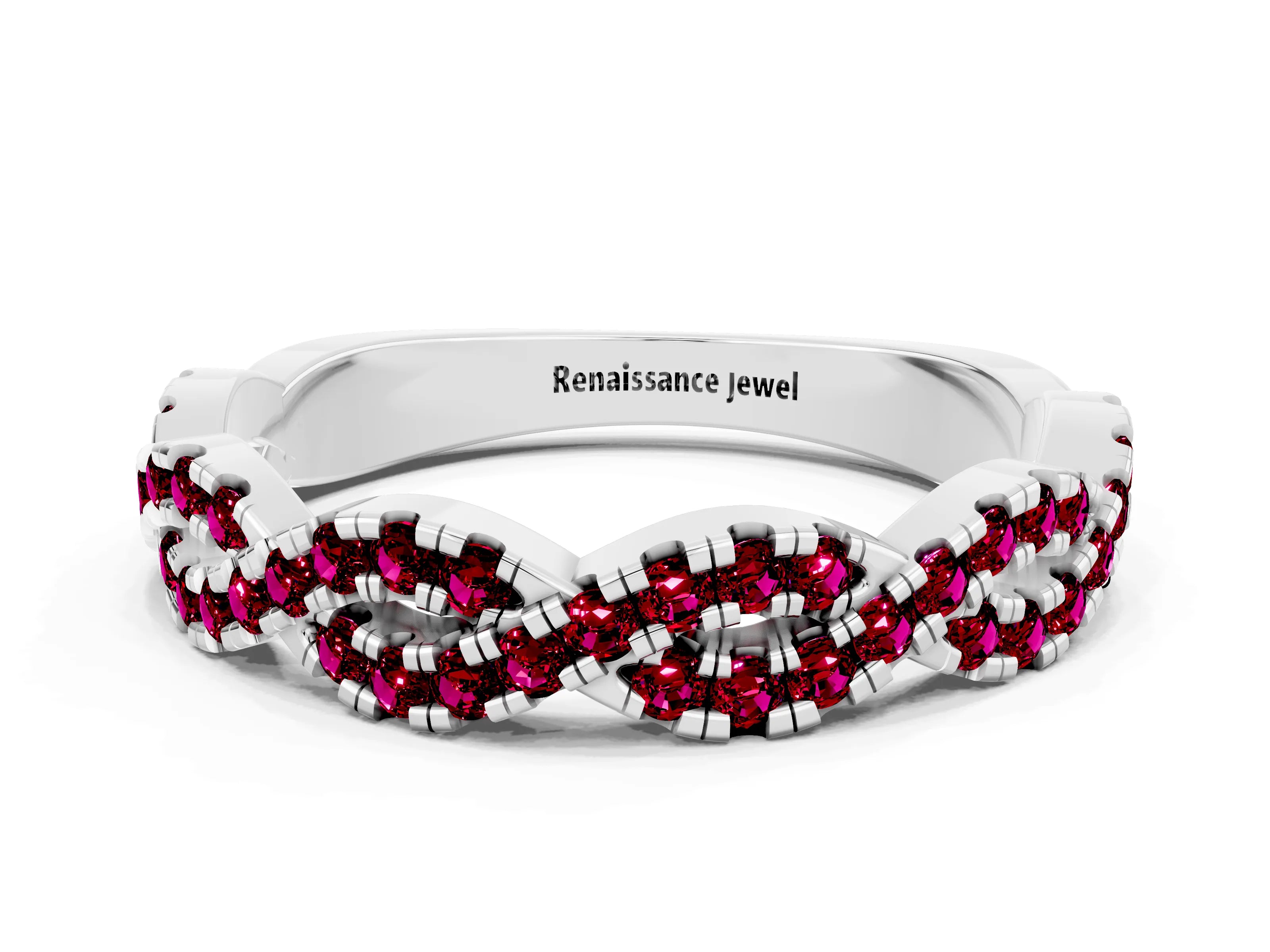 White gold Round Garnet Twisted Eternity Band with Pavé and Shared Prong Setting_6