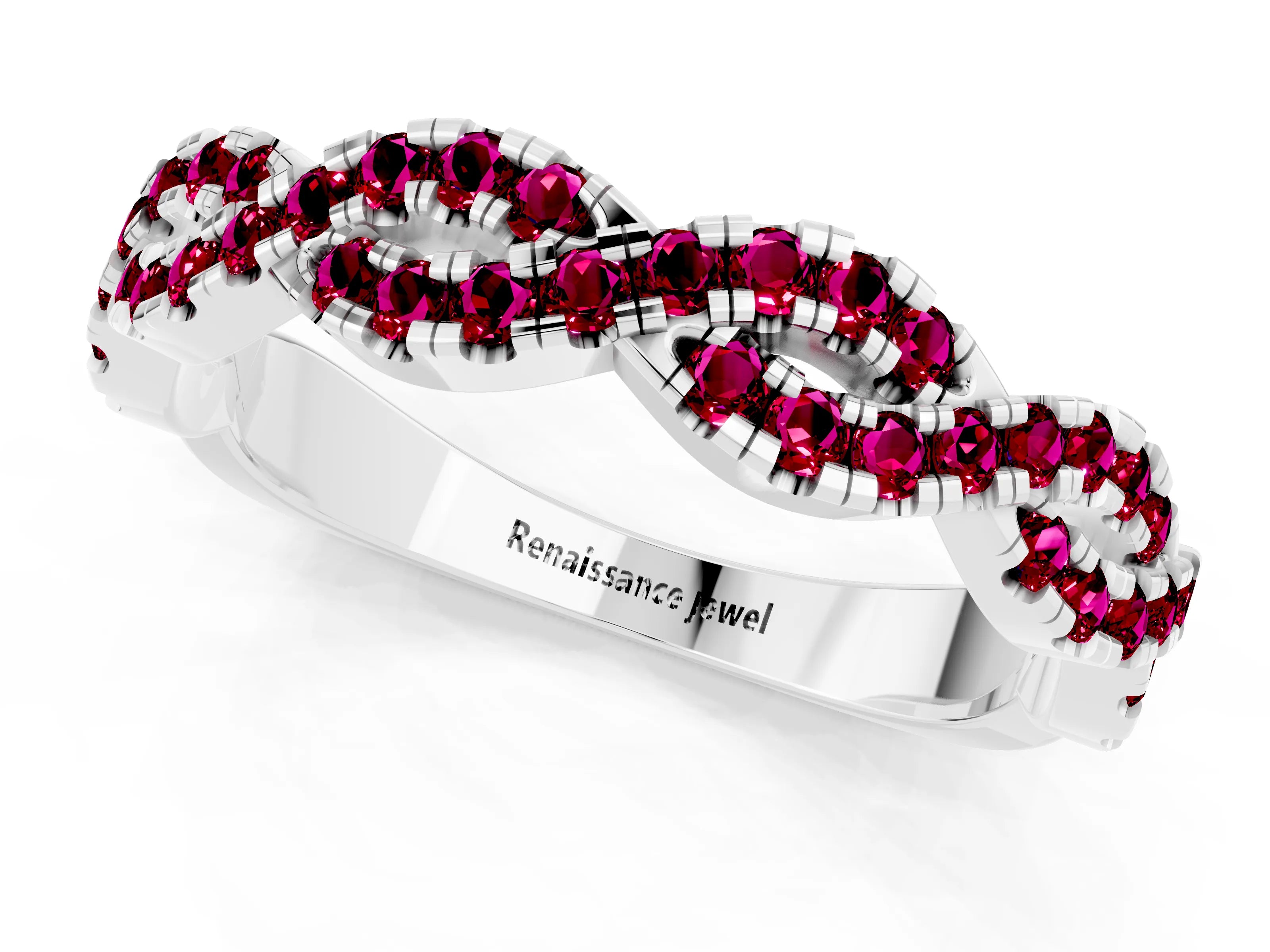 White gold Round Garnet Twisted Eternity Band with Pavé and Shared Prong Setting_7