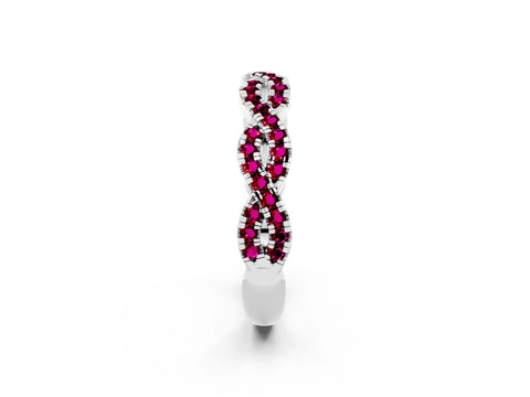 White gold Round Garnet Twisted Eternity Band with Pavé and Shared Prong Setting_8