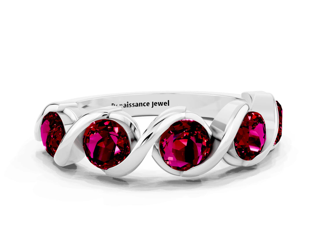 White gold Round Garnet Wave Band with Channel Setting and Shared Prongs_6
