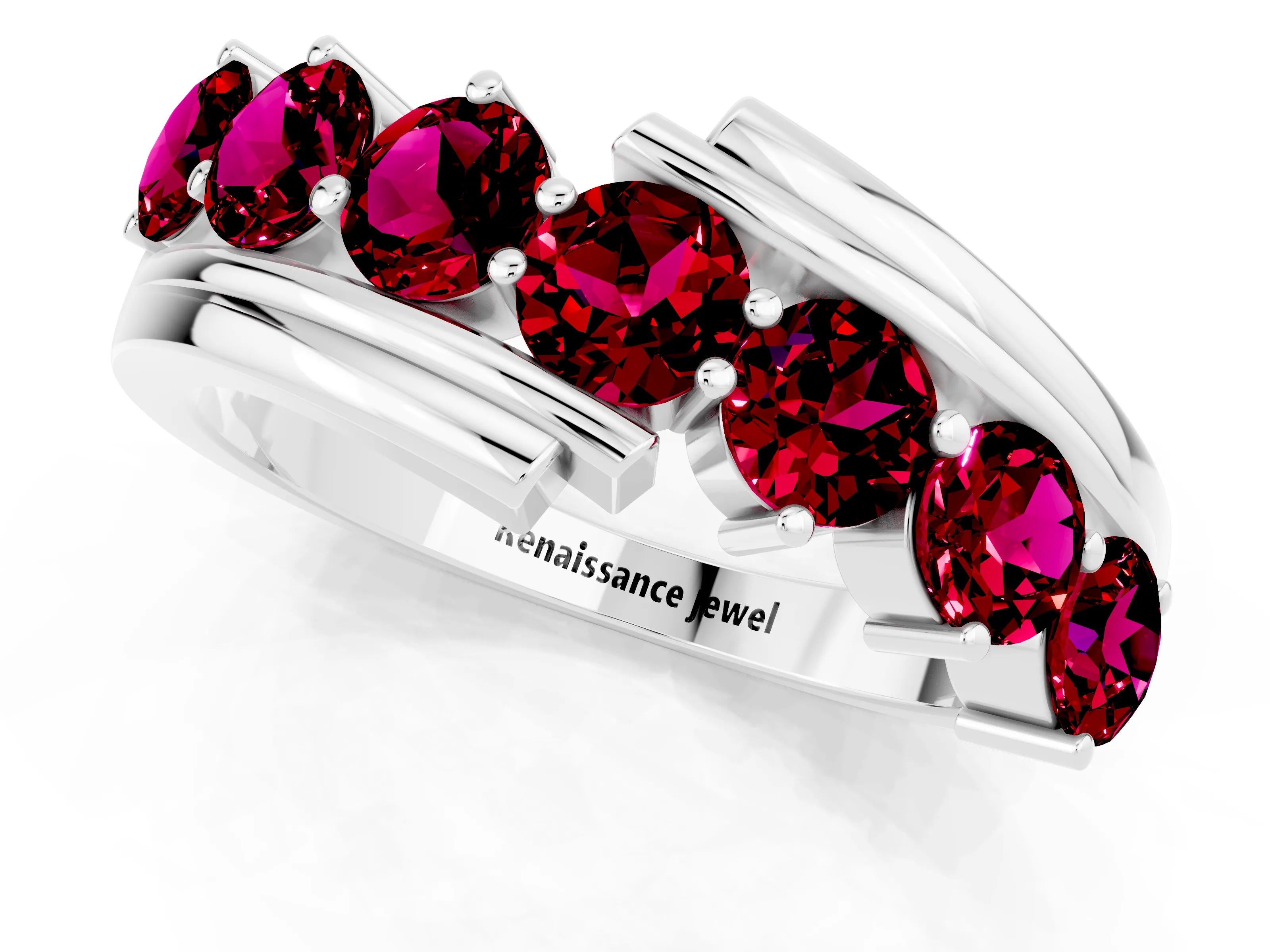 White gold Round Garnet Wave Band with Channel and Shared Prong Setting_19
