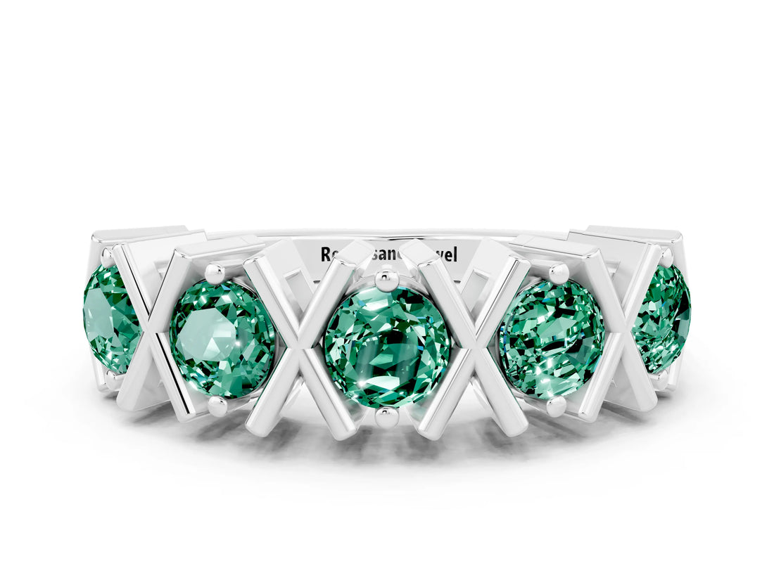 White gold Round Green Sapphire Channel Set Band with X-Prong Detail_6