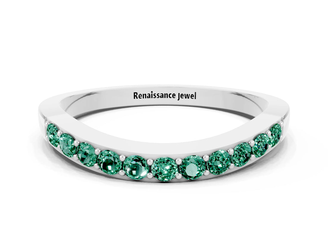 White gold Round Green Sapphire Curved Wedding Band with Channel Setting_6