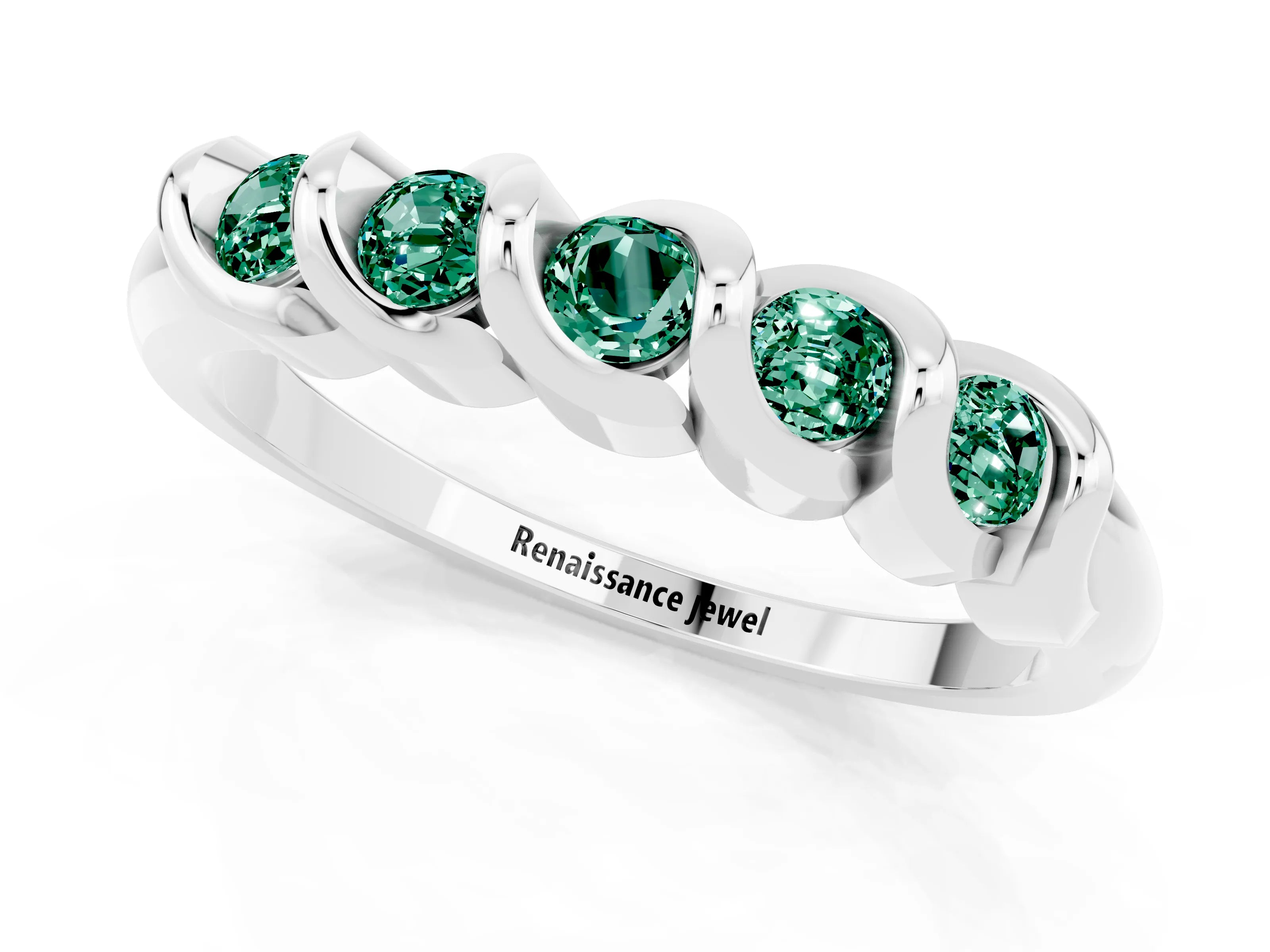 White gold Round Green Sapphire Eternity Band with Twist Prong Setting_13