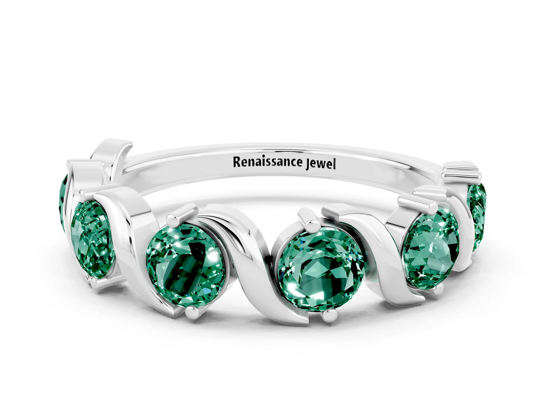 White gold Round Green Sapphire Half Eternity Band with Wave Prong Setting_6