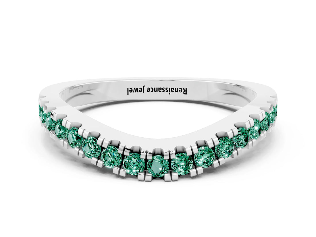 White gold Round Green Sapphire Pavé Curved Band with Shared Prong Setting_6
