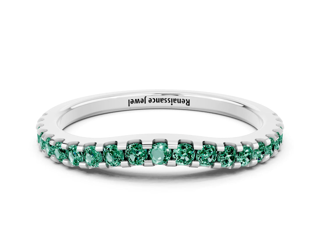 White gold Round Green Sapphire Pavé Set Curved Wedding Band_10