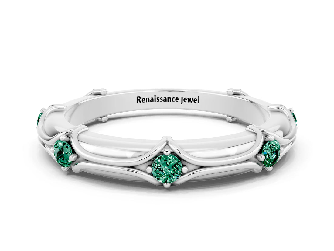 White gold Round Green Sapphire Prong Set Milgrain Eternity Band_6