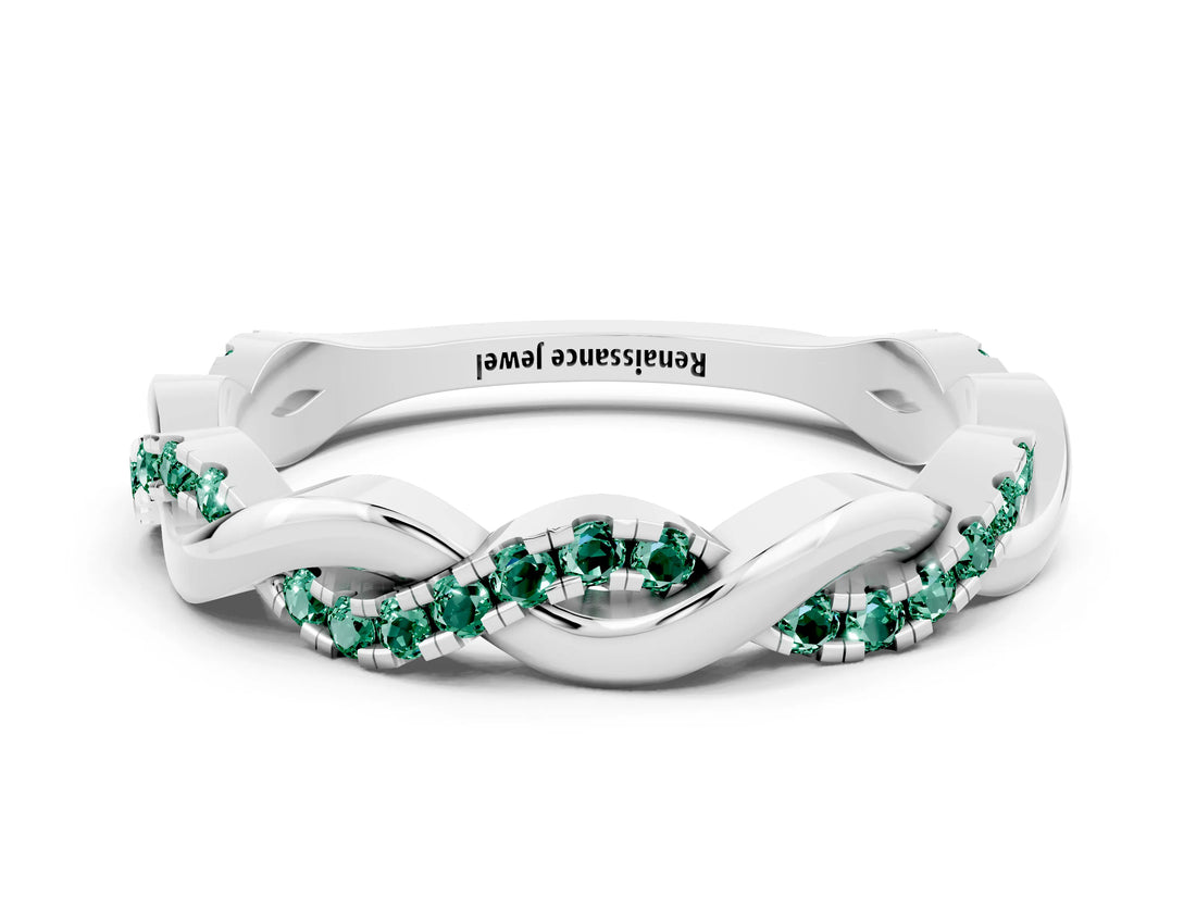White gold Round Green Sapphire Twist Eternity Band with Pavé Setting_6