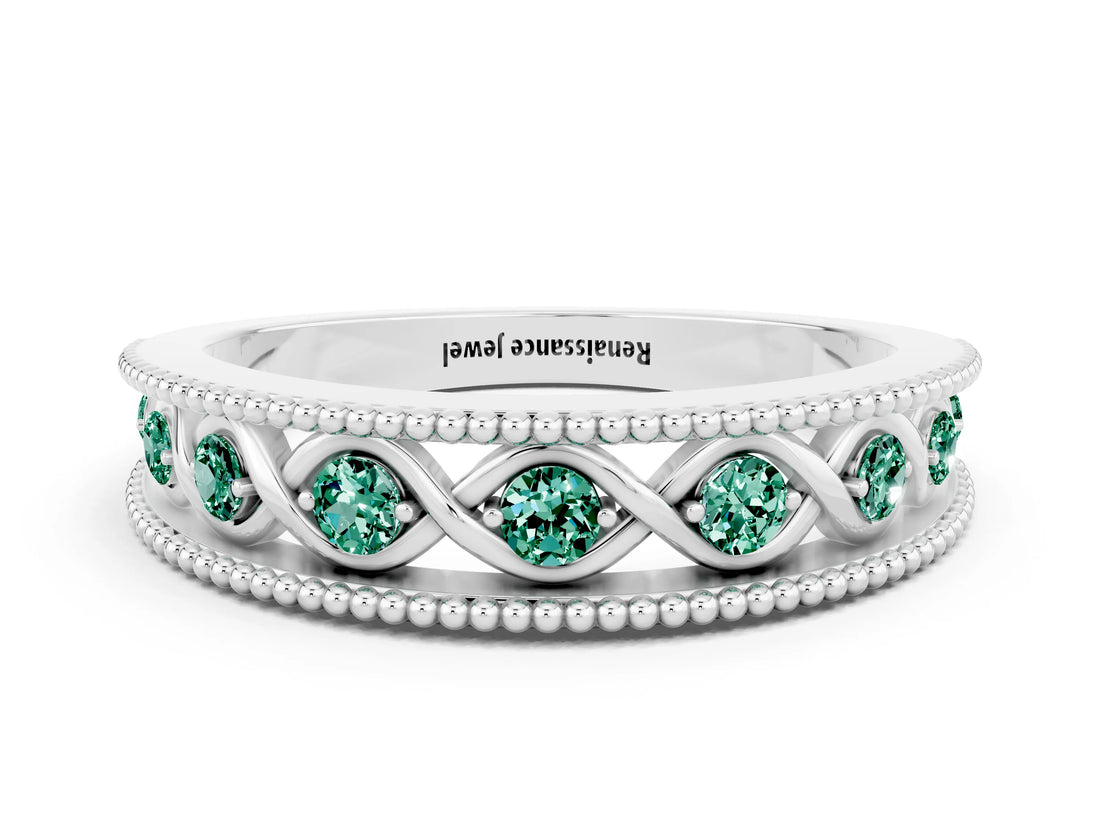White gold Round Green Sapphire Twist Milgrain Band with Bezel Setting