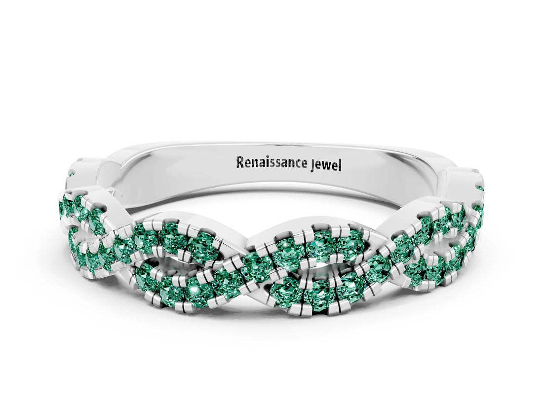 White gold Round Green Sapphire Twisted Eternity Band with Pavé and Shared Prong Setting_30