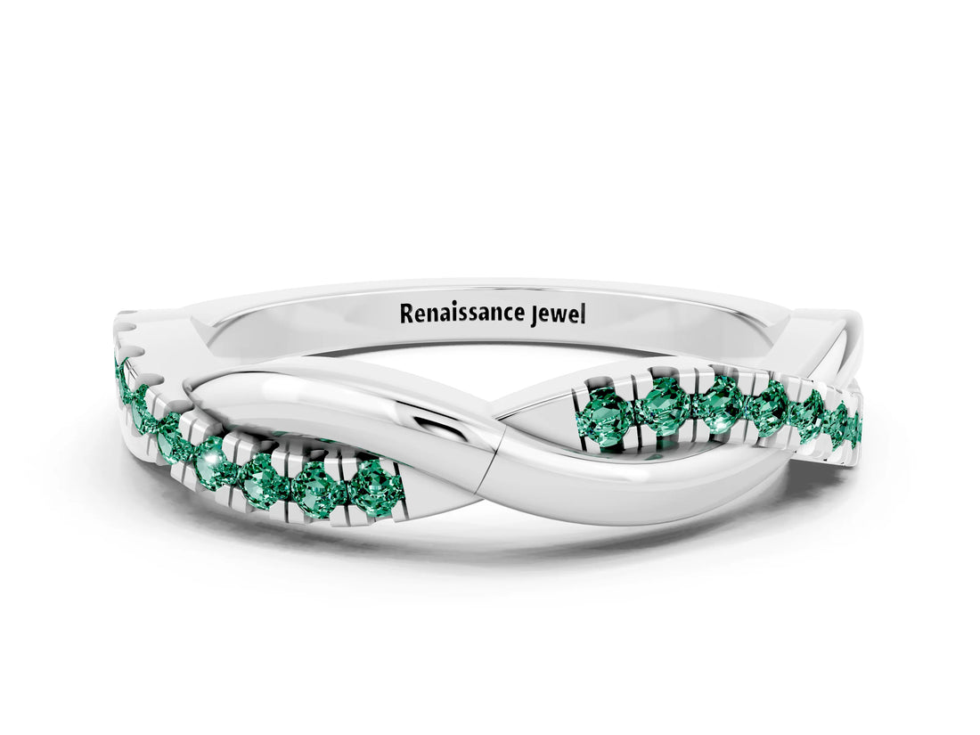 White gold Round Green Sapphire Twisted Infinity Band with Prong Setting_6