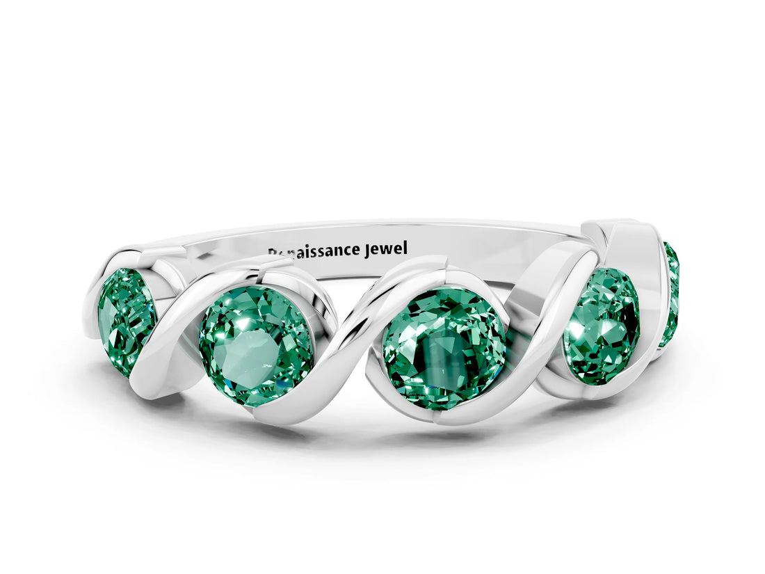 Silver 2.07 Carat Round Green Sapphire Wave Band with Channel Setting and Shared Prongs