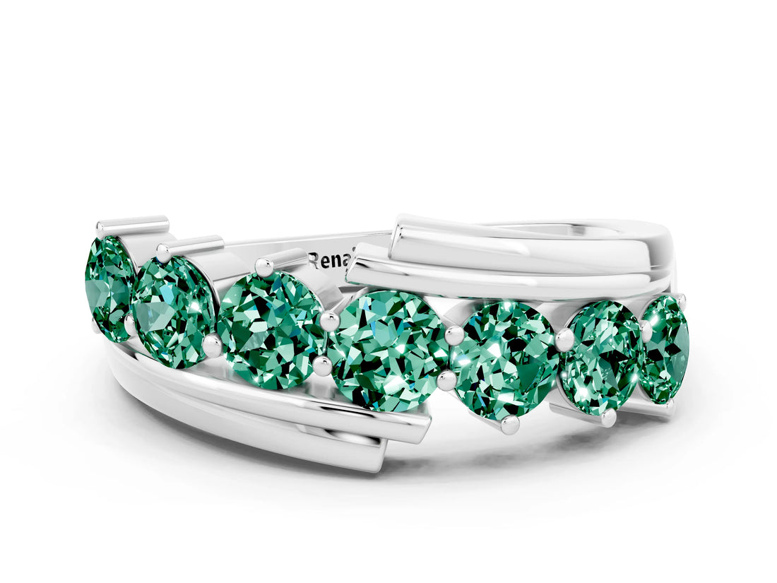 White gold Round Green Sapphire Wave Band with Channel and Shared Prong Setting_18