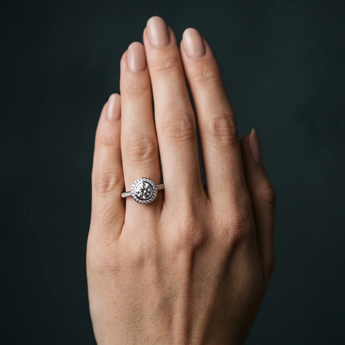 White gold Round Halo Bezel Diamond Pave Band Ring_25