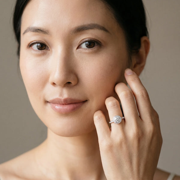White gold Round Halo Bezel Diamond Pave Band Ring