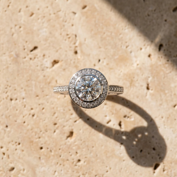 White gold Round Halo Bezel Diamond Pave Band Ring