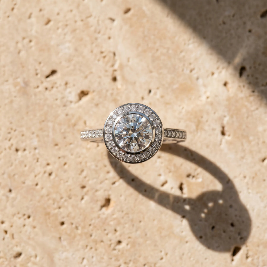 White gold Round Halo Bezel Diamond Pave Band Ring