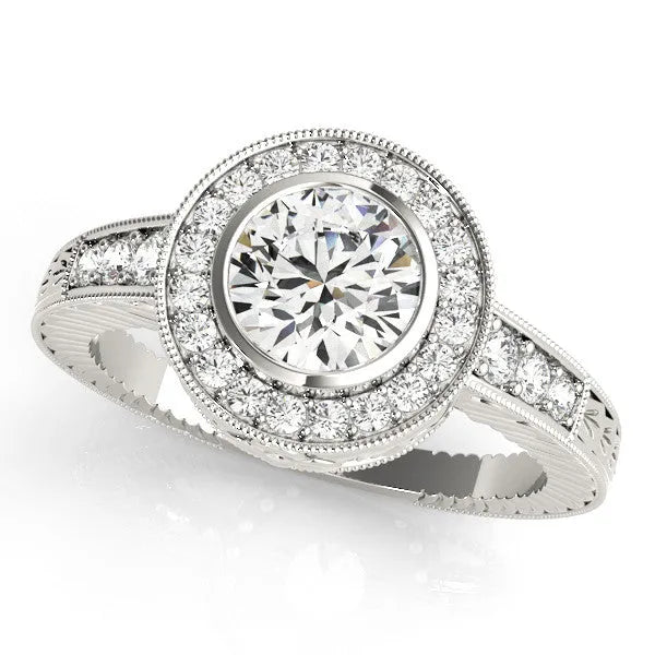 White gold Round Halo Bezel Set Diamond Ring with Pavé Band