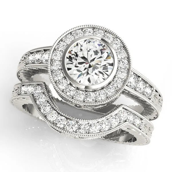 White gold Round Halo Bezel Set Diamond Ring with Pavé Band