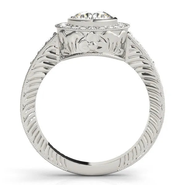 White gold Round Halo Bezel Set Diamond Ring with Pavé Band