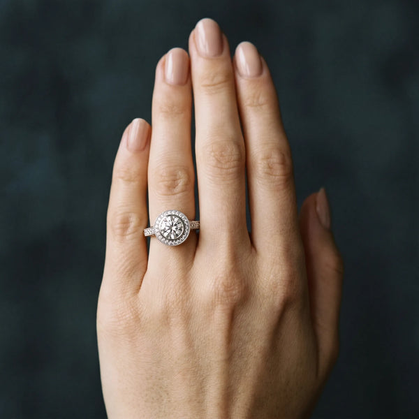 White gold Round Halo Bezel Set Diamond Ring with Pavé Band