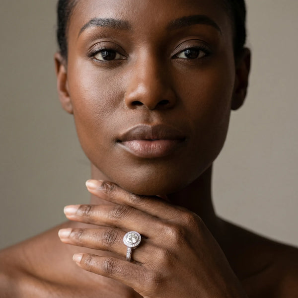 White gold Round Halo Bezel Set Diamond Ring with Pavé Band