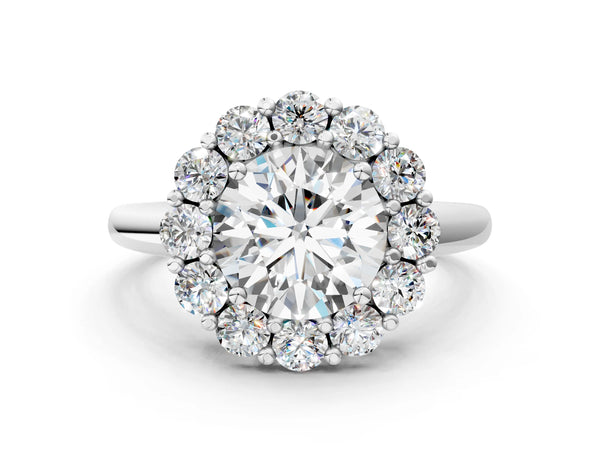 White gold Round Halo Cluster Diamond Engagement Ring with Prong Setting and Polished Band