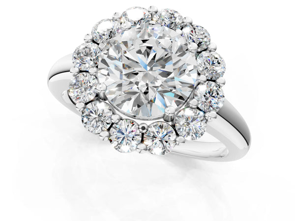White gold Round Halo Cluster Diamond Engagement Ring with Prong Setting and Polished Band