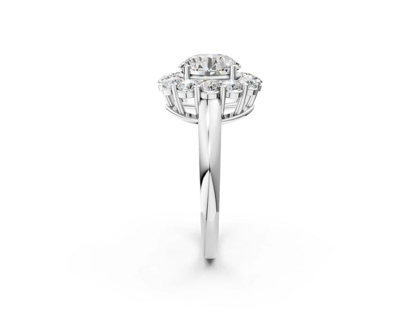 White gold Round Halo Cluster Diamond Engagement Ring with Prong Setting and Polished Band