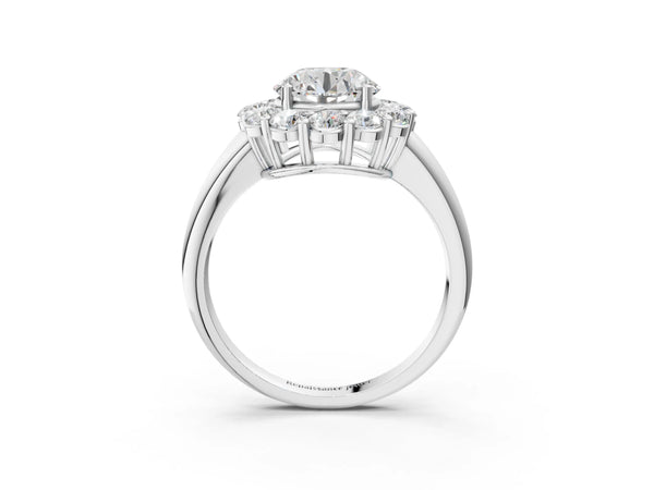 White gold Round Halo Cluster Diamond Engagement Ring with Prong Setting and Polished Band