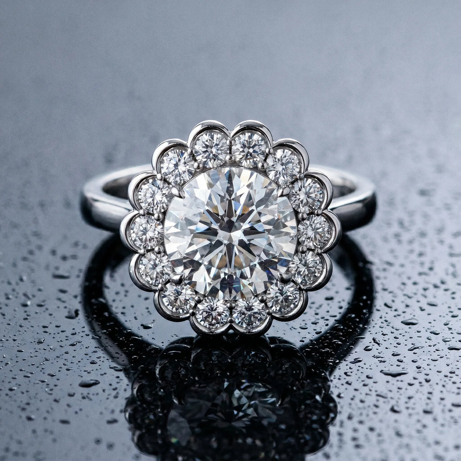 White gold Round Halo Cluster Diamond Engagement Ring with Solitaire Band and Prong Setting