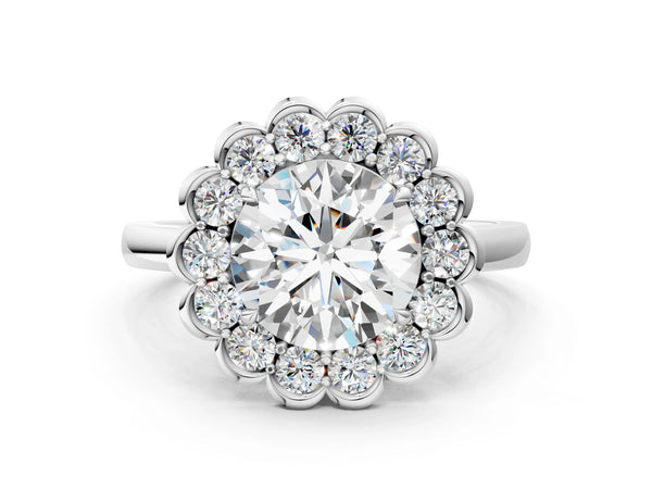 White gold Round Halo Cluster Diamond Engagement Ring with Solitaire Band and Prong Setting