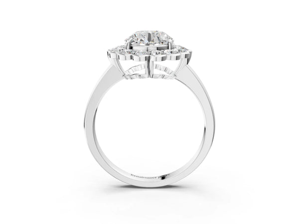 White gold Round Halo Cluster Diamond Engagement Ring with Solitaire Band and Prong Setting
