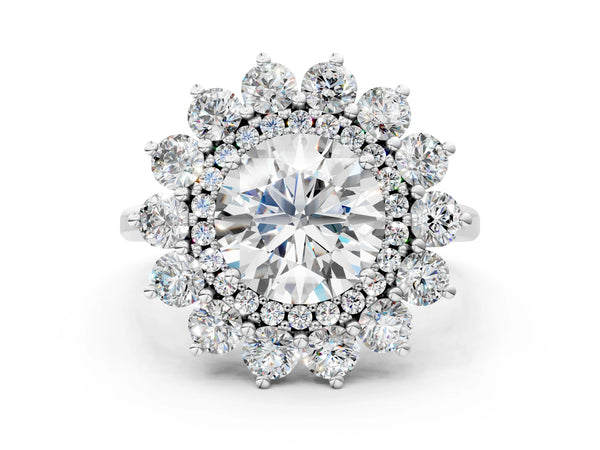 White gold Round Cut Diamond Floral Double Halo Engagement Ring with Prong Setting