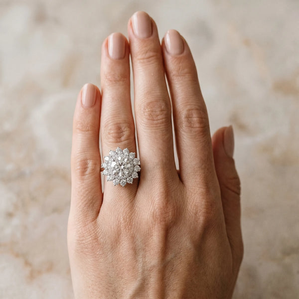 White gold Round Cut Diamond Floral Double Halo Engagement Ring with Prong Setting