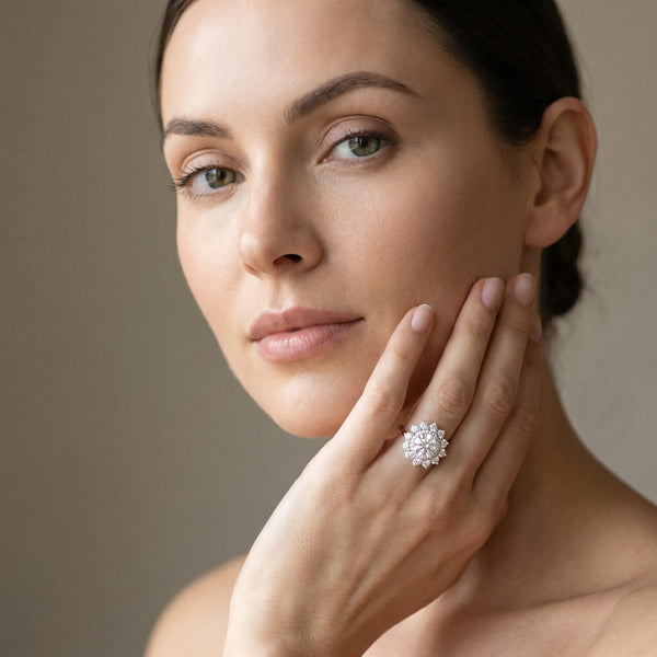White gold Round Cut Diamond Floral Double Halo Engagement Ring with Prong Setting