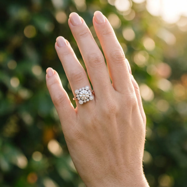 White gold Round Halo Diamond Cluster Engagement Ring with Milgrain Bezel Setting and Solitaire Band