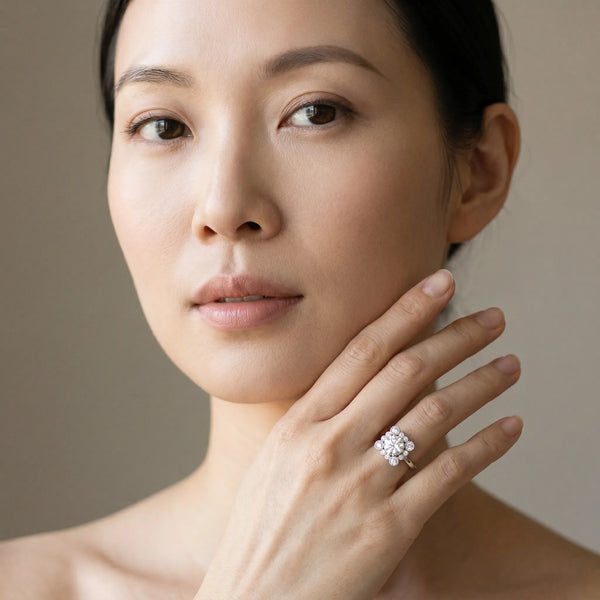 White gold Round Halo Diamond Cluster Engagement Ring with Milgrain Bezel Setting and Solitaire Band