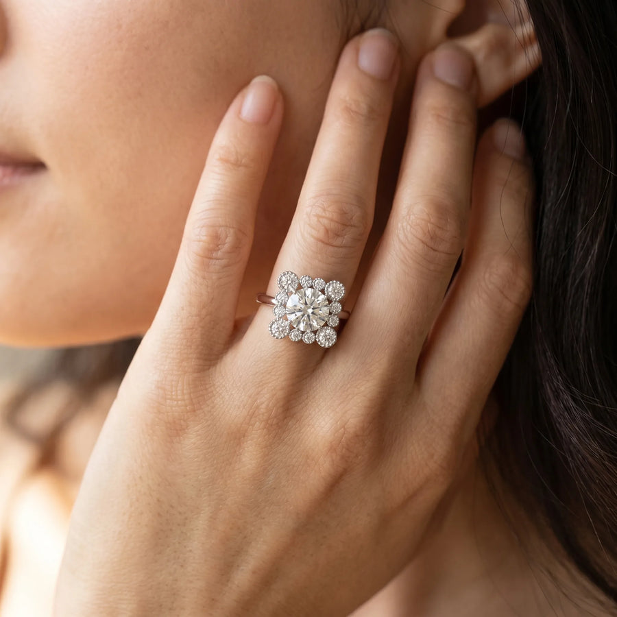 White gold Round Halo Diamond Cluster Engagement Ring with Milgrain Bezel Setting and Solitaire Band