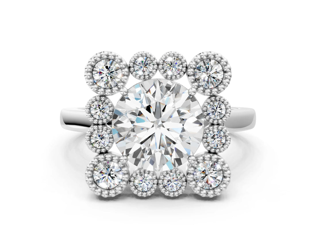 White gold Round Halo Diamond Cluster Engagement Ring with Milgrain Bezel Setting and Solitaire Band_70