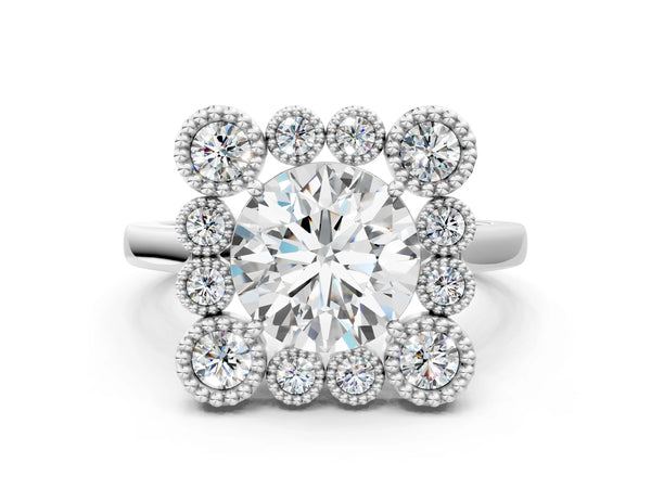 White gold Round Halo Diamond Cluster Engagement Ring with Milgrain Bezel Setting and Solitaire Band