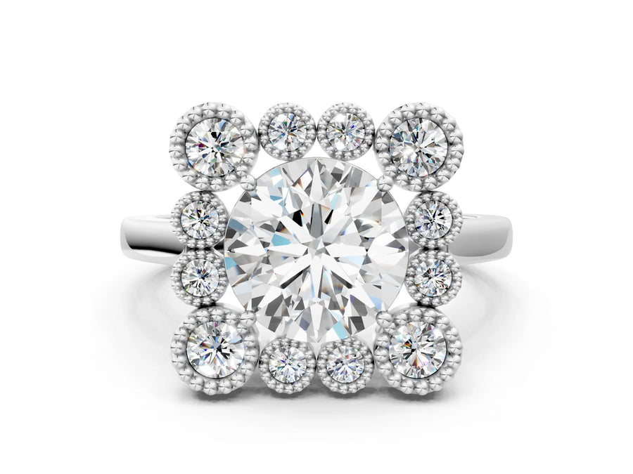 White gold Round Halo Diamond Cluster Engagement Ring with Milgrain Bezel Setting and Solitaire Band
