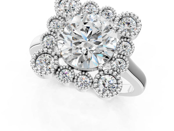 White gold Round Halo Diamond Cluster Engagement Ring with Milgrain Bezel Setting and Solitaire Band
