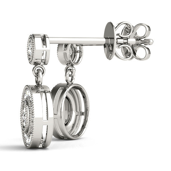 White gold Round Halo Diamond Drop Earrings with Milgrain Bezel Setting 1