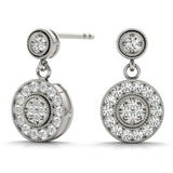 White gold Round Halo Diamond Drop Earrings with Milgrain Bezel Setting 2