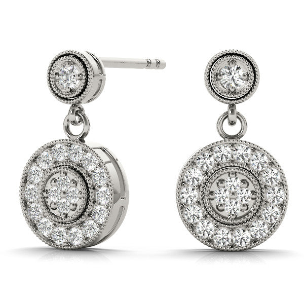 Silver Round Halo Diamond Drop Earrings with Milgrain Bezel Setting